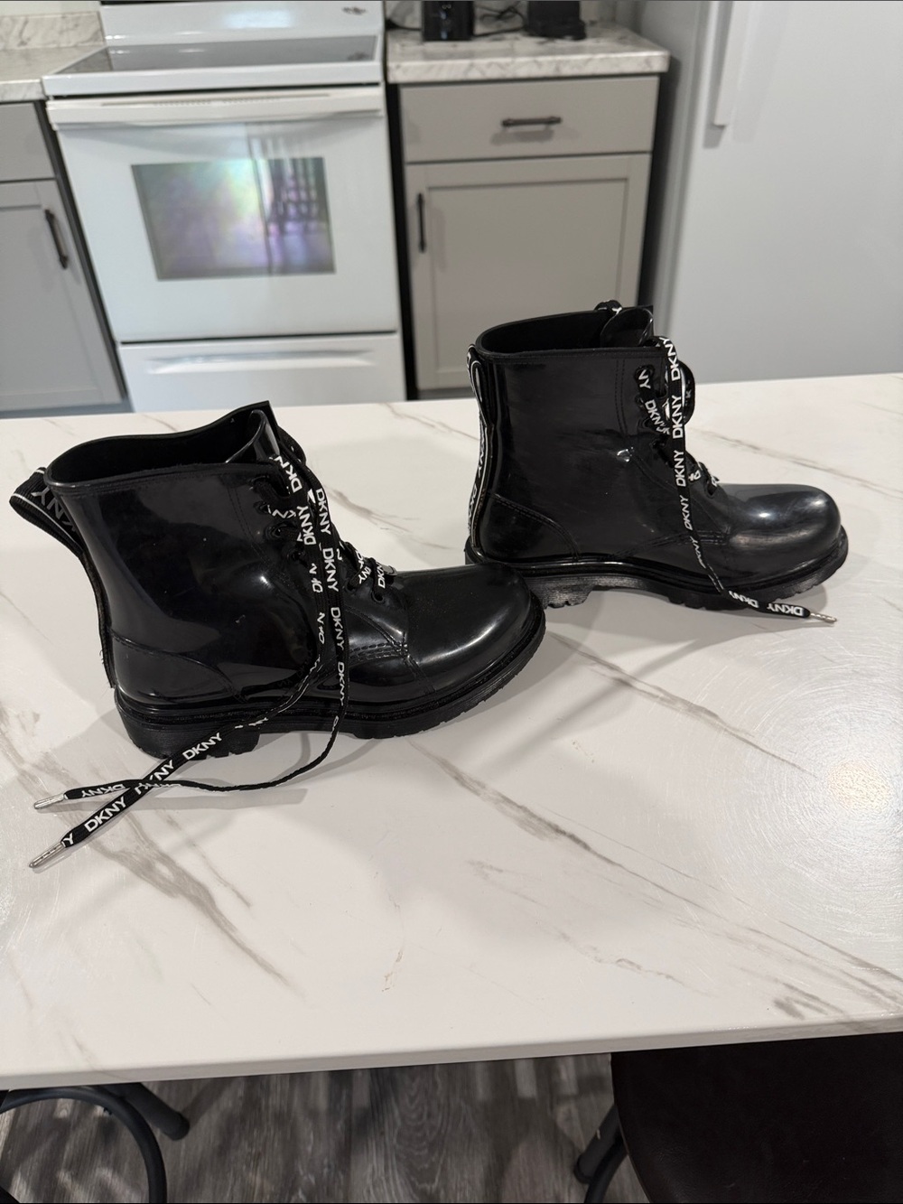 DKNY Black Patent Lace-Up Combat Boots